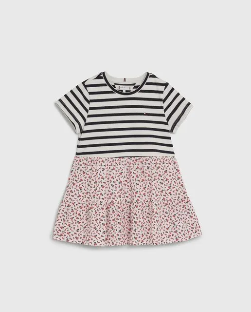 Tommy Hilfiger Vestido de bebé niña de bebé niña estampado combinado con manga corta y logo bandera bordado