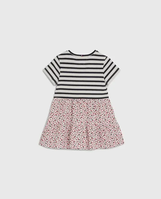 Tommy Hilfiger Vestido de bebé niña de bebé niña estampado combinado con manga corta y logo bandera bordado