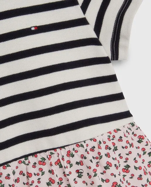 Tommy Hilfiger Vestido de bebé niña de bebé niña estampado combinado con manga corta y logo bandera bordado