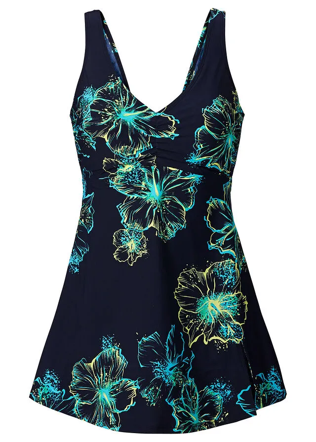Traje de baño con moderado efecto moldeador Azul marino/turquesa/amarillo estampado