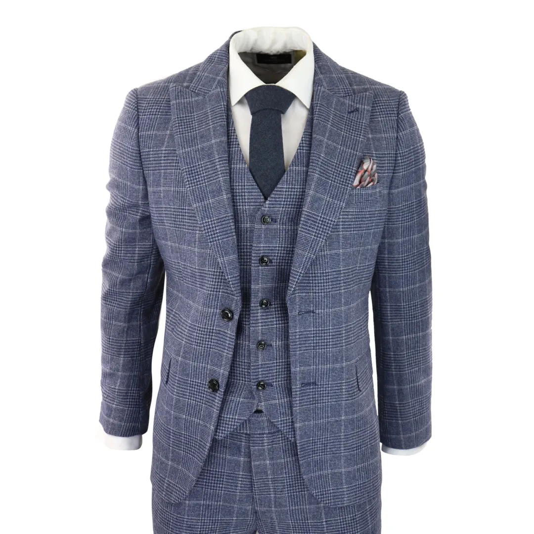 Traje de cheque de lana de tweed para hombres 3 piezas Classic Blue Grey