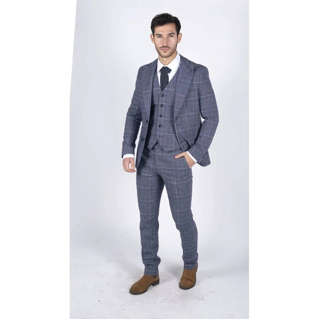 Traje de cheque de lana de tweed para hombres 3 piezas Classic Blue Grey