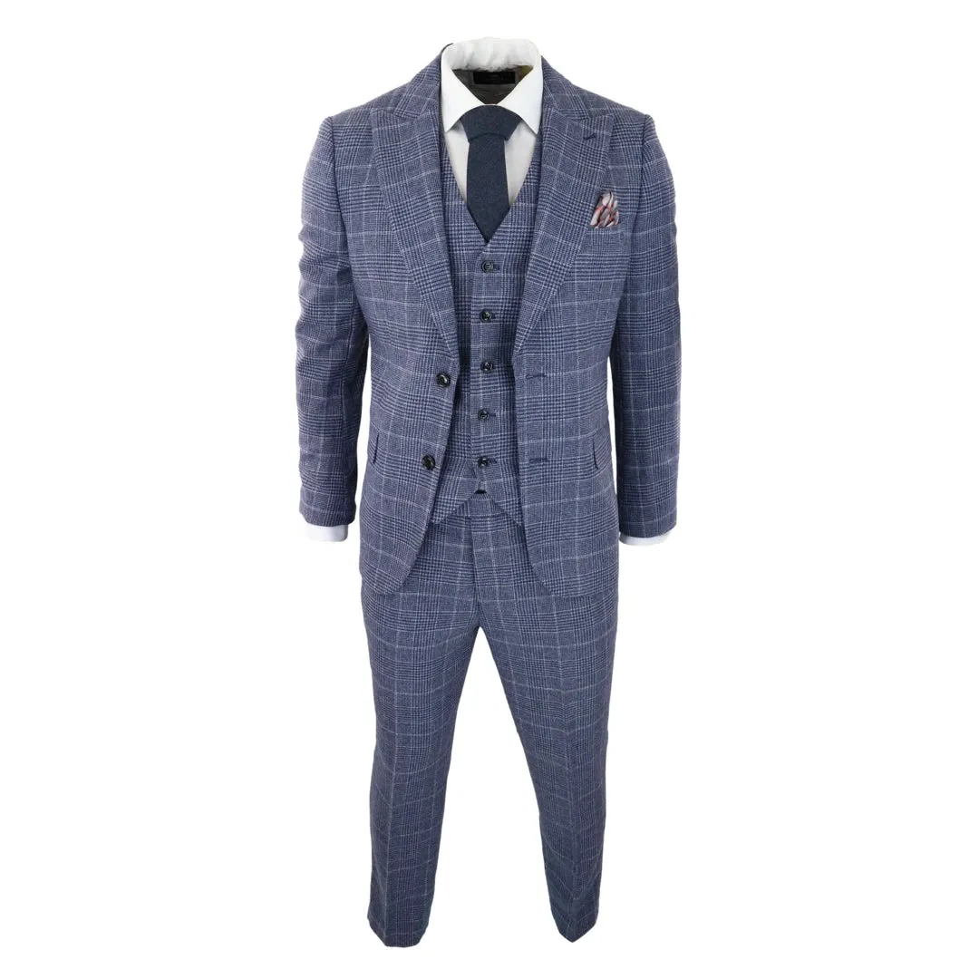 Traje de cheque de lana de tweed para hombres 3 piezas Classic Blue Grey