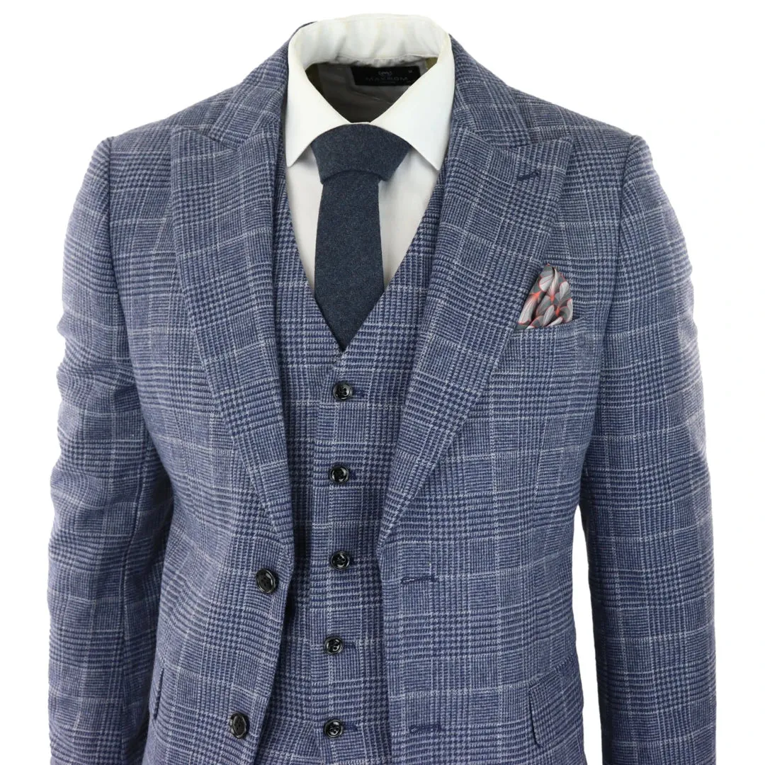 Traje de cheque de lana de tweed para hombres 3 piezas Classic Blue Grey
