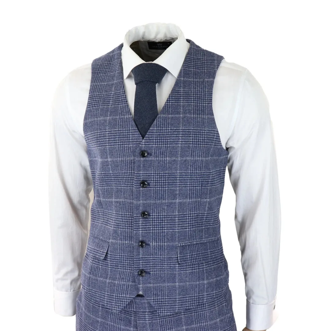Traje de cheque de lana de tweed para hombres 3 piezas Classic Blue Grey