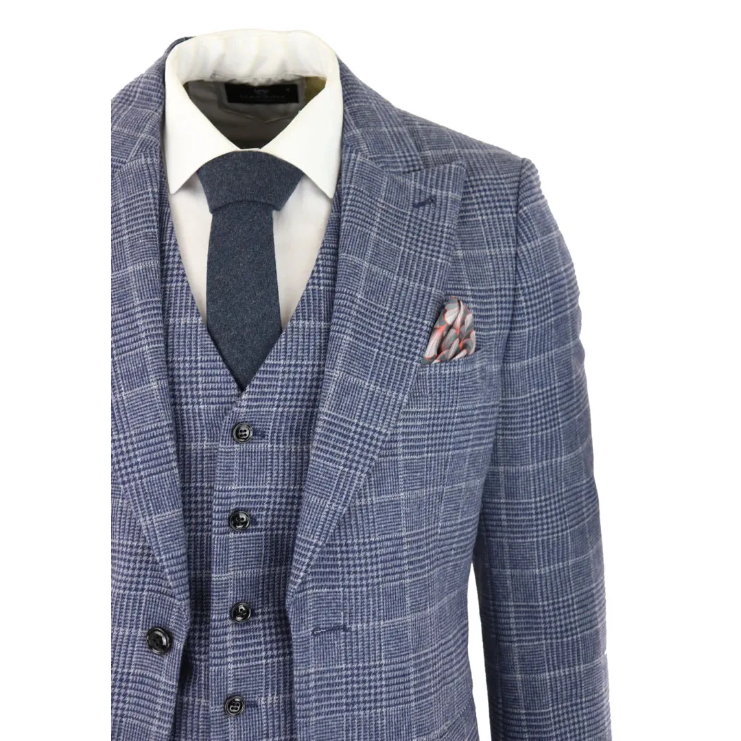 Traje de cheque de lana de tweed para hombres 3 piezas Classic Blue Grey
