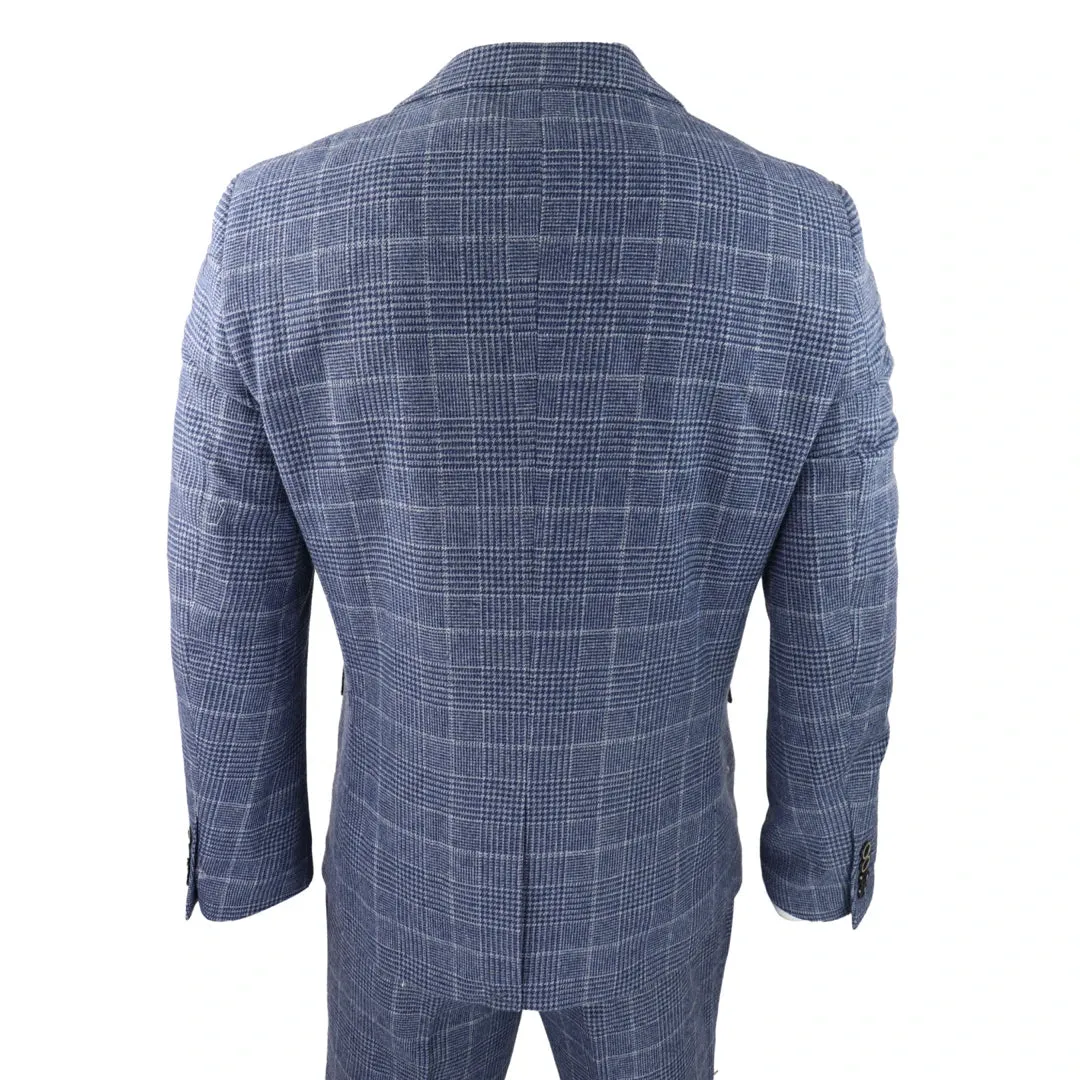 Traje de cheque de lana de tweed para hombres 3 piezas Classic Blue Grey