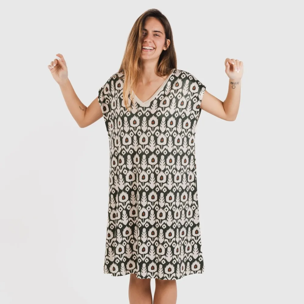 Vestido corto manga fluida soft Raia verde caceria