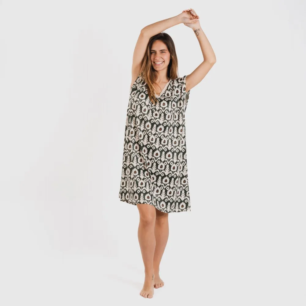 Vestido corto manga fluida soft Raia verde caceria