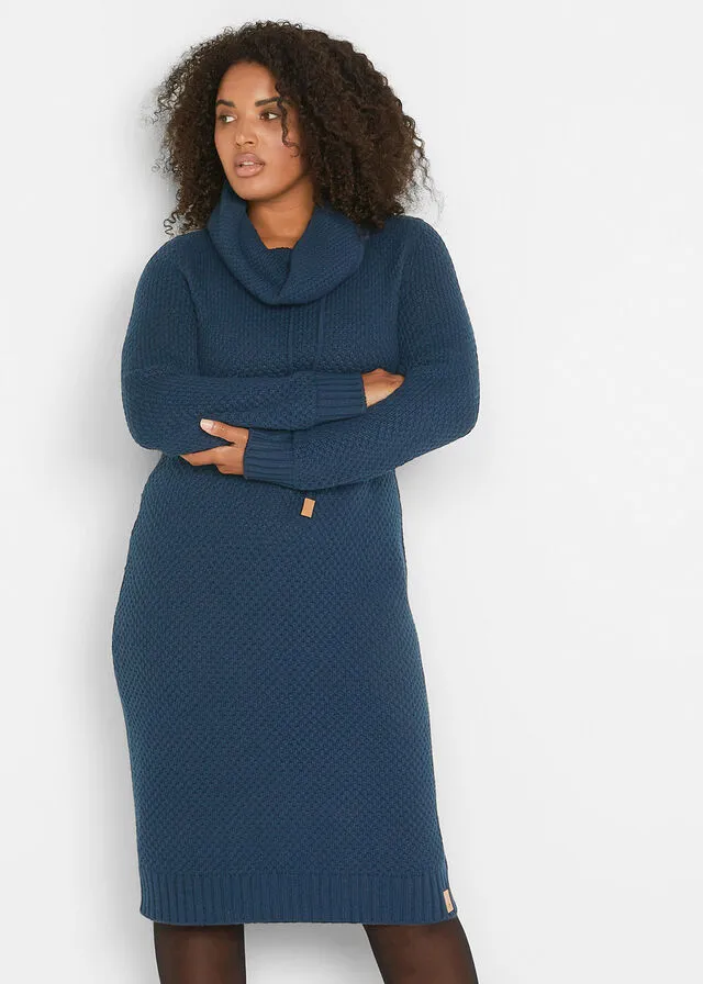 Vestido de punto con cuello tipo chal Azul oscuro