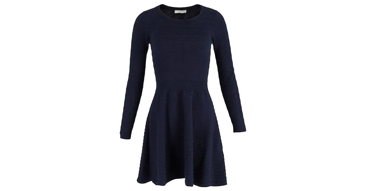 Vestido mini ajustado y acampanado de manga larga de punto Sandro Diamond en algodón azul marino 