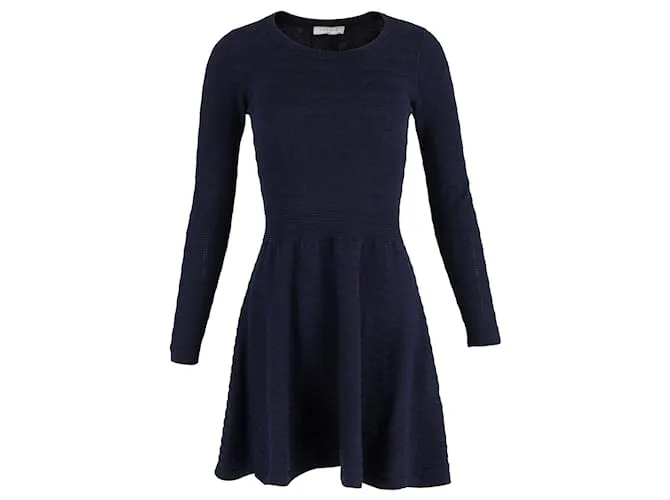 Vestido mini ajustado y acampanado de manga larga de punto Sandro Diamond en algodón azul marino 