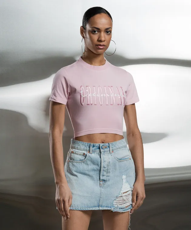 VETEMENTS PINK TSHIRT WITH LOGO EMBROIDERY