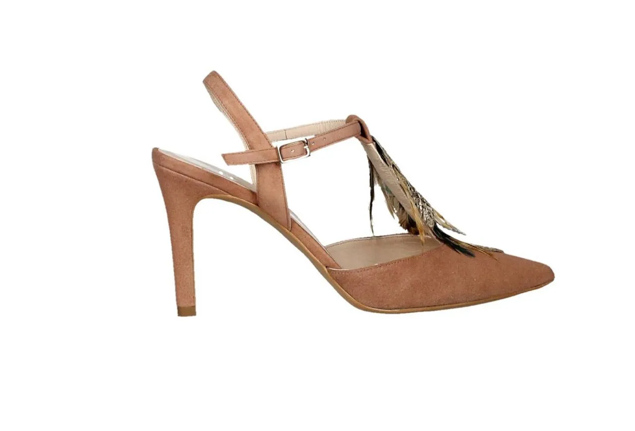 Zapato Descubierto Ante Rosa Nude Plumas Empene