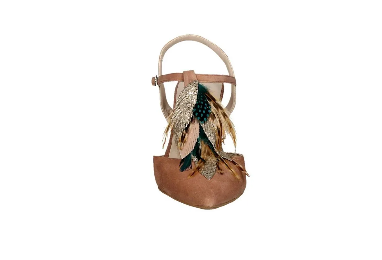 Zapato Descubierto Ante Rosa Nude Plumas Empene