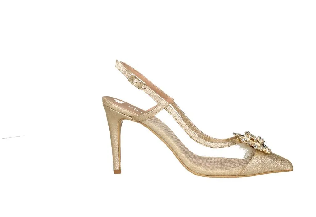 Zapato Descubierto Ante/rejilla Oro Adorno Pala Brillantes