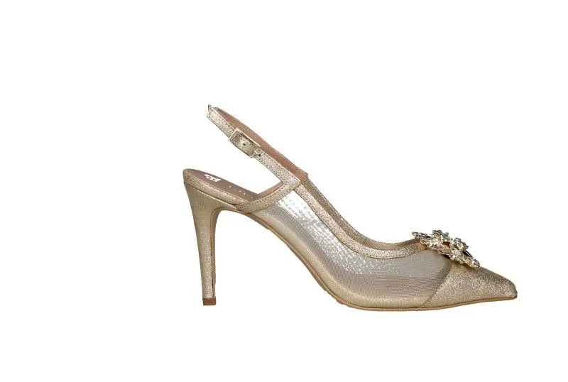 Zapato Descubierto Ante/rejilla Oro Adorno Pala Brillantes